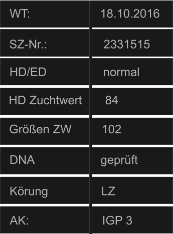 WT:                     18.10.2016 HD/ED                 normal AK:                      IGP 3 HD Zuchtwert       84 Größen ZW         102 SZ-Nr.:                 2331515 DNA                    geprüft  Körung                LZ
