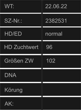WT:                    22.06.22 HD/ED               normal AK: HD Zuchtwert     96 Größen ZW        102 SZ-Nr.:               2382531 DNA Körung