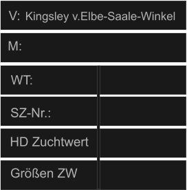 WT:                                    HD Zuchtwert       Größen ZW           SZ-Nr.:                  V: M: Kingsley v.Elbe-Saale-Winkel