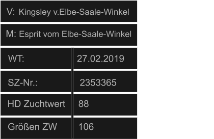WT:                    27.02.2019                                   HD Zuchtwert     88       Größen ZW        106           SZ-Nr.:                2353365                 V: M: Esprit vom Elbe-Saale-Winkel  Kingsley v.Elbe-Saale-Winkel