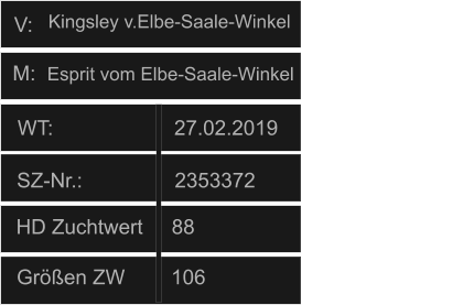 WT:                     27.02.2019                                   HD Zuchtwert     88       Größen ZW        106          SZ-Nr.:                2353372              V: M:  Esprit vom Elbe-Saale-Winkel Kingsley v.Elbe-Saale-Winkel