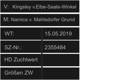 WT:                    15.05.2019                              HD Zuchtwert       Größen ZW           SZ-Nr.:               2355484                V: M: Namica v. Mahlsdorfer Grund Kingsley v.Elbe-Saale-Winkel