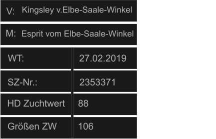 WT:                     27.02.2019                                   HD Zuchtwert     88       Größen ZW        106          SZ-Nr.:                2353371           V: M:  Esprit vom Elbe-Saale-Winkel Kingsley v.Elbe-Saale-Winkel